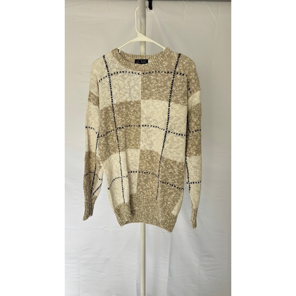 Vintage Granger Owings Kenneth Gordon Mens Plaid Sweater‎ Cream Beige Medium